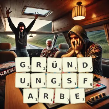 Kreative Illustration für ein Scrabble-Spiel, bei dem das Wort GRÜNDUNGSFARBE mit Steinen auf dem Brett gelegt wurde.