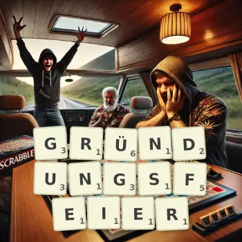 Kreative Illustration für ein Scrabble-Spiel, bei dem das Wort GRÜNDUNGSFEIER mit Steinen auf dem Brett gelegt wurde.