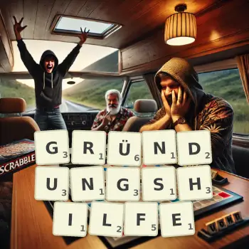 Kreative Illustration für ein Scrabble-Spiel, bei dem das Wort GRÜNDUNGSHILFE mit Steinen auf dem Brett gelegt wurde.