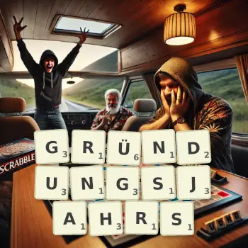 Kreative Illustration für ein Scrabble-Spiel, bei dem das Wort GRÜNDUNGSJAHRS mit Steinen auf dem Brett gelegt wurde.