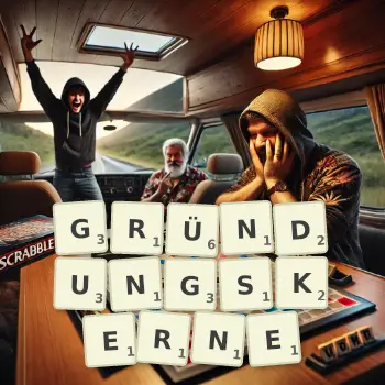 Kreative Illustration für ein Scrabble-Spiel, bei dem das Wort GRÜNDUNGSKERNE mit Steinen auf dem Brett gelegt wurde.