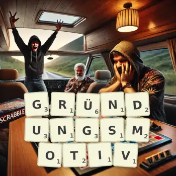 Kreative Illustration für ein Scrabble-Spiel, bei dem das Wort GRÜNDUNGSMOTIV mit Steinen auf dem Brett gelegt wurde.