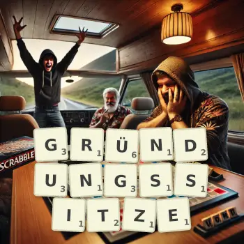 Kreative Illustration für ein Scrabble-Spiel, bei dem das Wort GRÜNDUNGSSITZE mit Steinen auf dem Brett gelegt wurde.