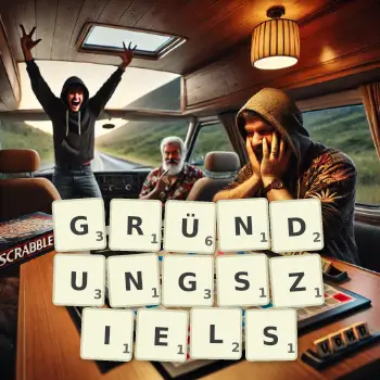 Kreative Illustration für ein Scrabble-Spiel, bei dem das Wort GRÜNDUNGSZIELS mit Steinen auf dem Brett gelegt wurde.