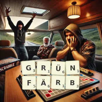 Kreative Illustration für ein Scrabble-Spiel, bei dem das Wort GRÜNFÄRB mit Steinen auf dem Brett gelegt wurde.