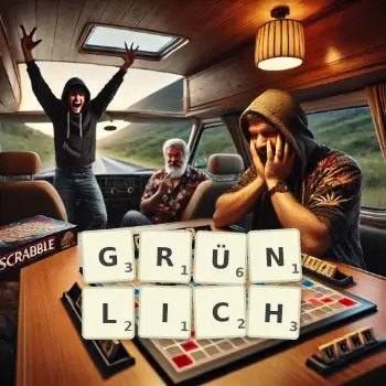 Kreative Illustration für ein Scrabble-Spiel, bei dem das Wort GRÜNLICH mit Steinen auf dem Brett gelegt wurde.