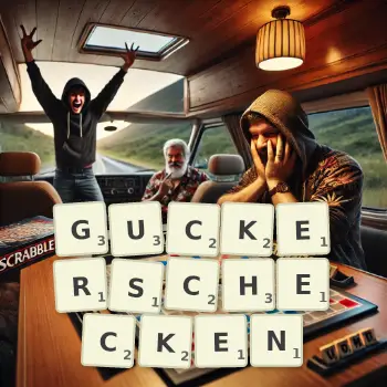Kreative Illustration für ein Scrabble-Spiel, bei dem das Wort GUCKERSCHECKEN mit Steinen auf dem Brett gelegt wurde.