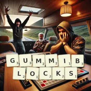 Kreative Illustration für ein Scrabble-Spiel, bei dem das Wort GUMMIBLOCKS mit Steinen auf dem Brett gelegt wurde.