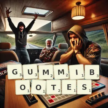 Kreative Illustration für ein Scrabble-Spiel, bei dem das Wort GUMMIBOOTES mit Steinen auf dem Brett gelegt wurde.