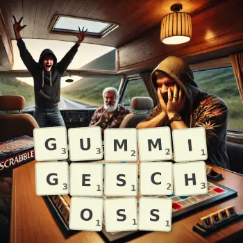 Kreative Illustration für ein Scrabble-Spiel, bei dem das Wort GUMMIGESCHOSS mit Steinen auf dem Brett gelegt wurde.