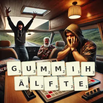 Kreative Illustration für ein Scrabble-Spiel, bei dem das Wort GUMMIHÄLFTE mit Steinen auf dem Brett gelegt wurde.