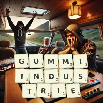 Kreative Illustration für ein Scrabble-Spiel, bei dem das Wort GUMMIINDUSTRIE mit Steinen auf dem Brett gelegt wurde.