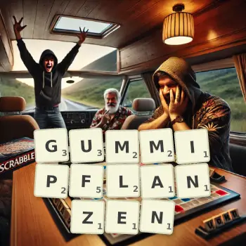 Kreative Illustration für ein Scrabble-Spiel, bei dem das Wort GUMMIPFLANZEN mit Steinen auf dem Brett gelegt wurde.