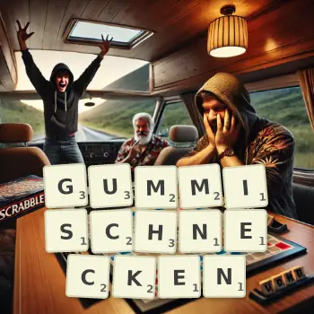 Kreative Illustration für ein Scrabble-Spiel, bei dem das Wort GUMMISCHNECKEN mit Steinen auf dem Brett gelegt wurde.