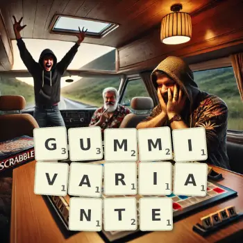 Kreative Illustration für ein Scrabble-Spiel, bei dem das Wort GUMMIVARIANTE mit Steinen auf dem Brett gelegt wurde.