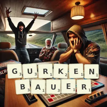 Kreative Illustration für ein Scrabble-Spiel, bei dem das Wort GURKENBAUER mit Steinen auf dem Brett gelegt wurde.