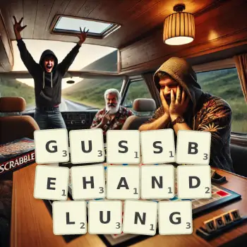 Kreative Illustration für ein Scrabble-Spiel, bei dem das Wort GUSSBEHANDLUNG mit Steinen auf dem Brett gelegt wurde.