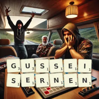Kreative Illustration für ein Scrabble-Spiel, bei dem das Wort GUSSEISERNEN mit Steinen auf dem Brett gelegt wurde.
