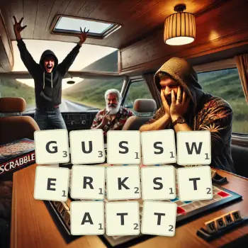 Kreative Illustration für ein Scrabble-Spiel, bei dem das Wort GUSSWERKSTATT mit Steinen auf dem Brett gelegt wurde.