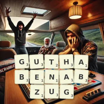 Kreative Illustration für ein Scrabble-Spiel, bei dem das Wort GUTHABENABZUG mit Steinen auf dem Brett gelegt wurde.