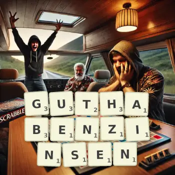 Kreative Illustration für ein Scrabble-Spiel, bei dem das Wort GUTHABENZINSEN mit Steinen auf dem Brett gelegt wurde.