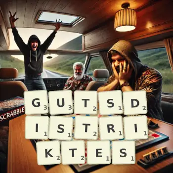 Kreative Illustration für ein Scrabble-Spiel, bei dem das Wort GUTSDISTRIKTES mit Steinen auf dem Brett gelegt wurde.