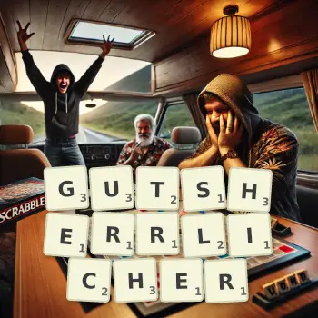 Kreative Illustration für ein Scrabble-Spiel, bei dem das Wort GUTSHERRLICHER mit Steinen auf dem Brett gelegt wurde.