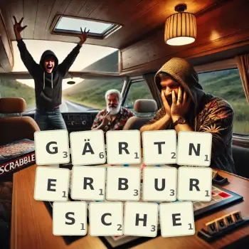Kreative Illustration für ein Scrabble-Spiel, bei dem das Wort GÄRTNERBURSCHE mit Steinen auf dem Brett gelegt wurde.