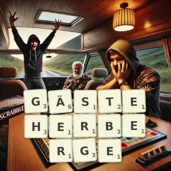 Kreative Illustration für ein Scrabble-Spiel, bei dem das Wort GÄSTEHERBERGE mit Steinen auf dem Brett gelegt wurde.