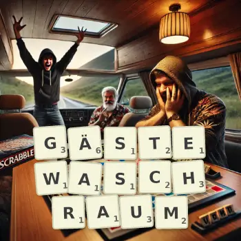 Kreative Illustration für ein Scrabble-Spiel, bei dem das Wort GÄSTEWASCHRAUM mit Steinen auf dem Brett gelegt wurde.