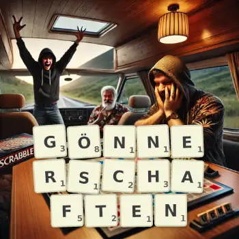 Kreative Illustration für ein Scrabble-Spiel, bei dem das Wort GÖNNERSCHAFTEN mit Steinen auf dem Brett gelegt wurde.