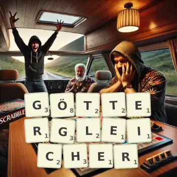Kreative Illustration für ein Scrabble-Spiel, bei dem das Wort GÖTTERGLEICHER mit Steinen auf dem Brett gelegt wurde.