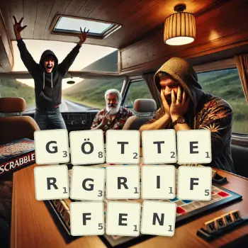 Kreative Illustration für ein Scrabble-Spiel, bei dem das Wort GÖTTERGRIFFEN mit Steinen auf dem Brett gelegt wurde.