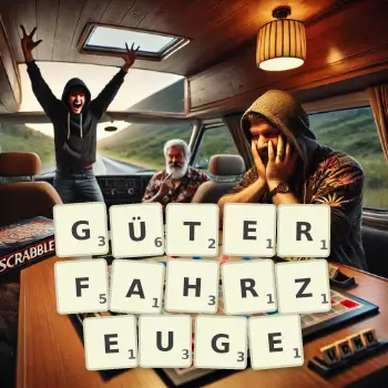 Kreative Illustration für ein Scrabble-Spiel, bei dem das Wort GÜTERFAHRZEUGE mit Steinen auf dem Brett gelegt wurde.