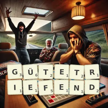 Kreative Illustration für ein Scrabble-Spiel, bei dem das Wort GÜTETRIEFEND mit Steinen auf dem Brett gelegt wurde.