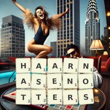 Kreative Illustration für ein Scrabble-Spiel, bei dem das Wort HAARNASENOTTERS mit Steinen auf dem Brett gelegt wurde.