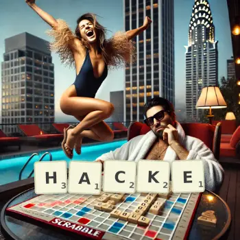 Kreative Illustration für ein Scrabble-Spiel, bei dem das Wort HACKE mit Steinen auf dem Brett gelegt wurde.