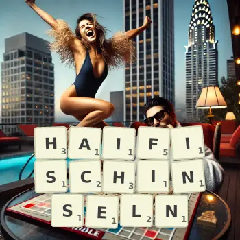 Kreative Illustration für ein Scrabble-Spiel, bei dem das Wort HAIFISCHINSELN mit Steinen auf dem Brett gelegt wurde.