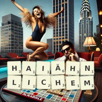 Kreative Illustration für ein Scrabble-Spiel, bei dem das Wort HAIÄHNLICHEM mit Steinen auf dem Brett gelegt wurde.