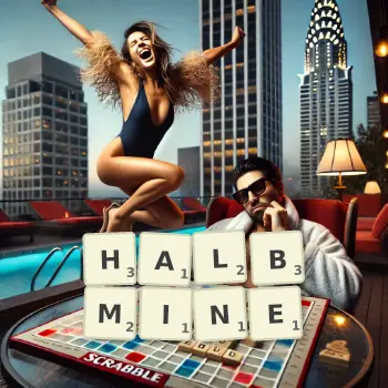 Kreative Illustration für ein Scrabble-Spiel, bei dem das Wort HALBMINE mit Steinen auf dem Brett gelegt wurde.