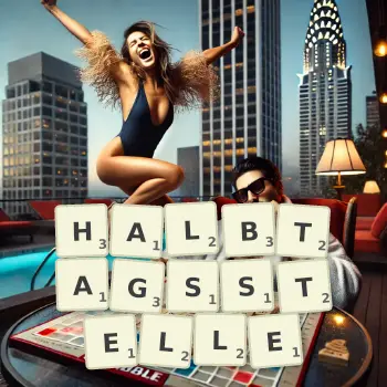 Kreative Illustration für ein Scrabble-Spiel, bei dem das Wort HALBTAGSSTELLE mit Steinen auf dem Brett gelegt wurde.
