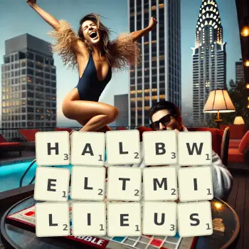 Kreative Illustration für ein Scrabble-Spiel, bei dem das Wort HALBWELTMILIEUS mit Steinen auf dem Brett gelegt wurde.