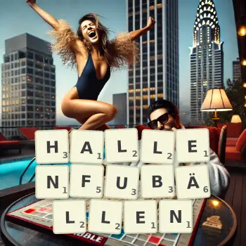 Kreative Illustration für ein Scrabble-Spiel, bei dem das Wort HALLENFUBÄLLEN mit Steinen auf dem Brett gelegt wurde.
