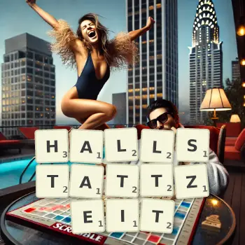 Kreative Illustration für ein Scrabble-Spiel, bei dem das Wort HALLSTATTZEIT mit Steinen auf dem Brett gelegt wurde.