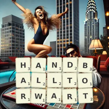 Kreative Illustration für ein Scrabble-Spiel, bei dem das Wort HANDBALLTORWART mit Steinen auf dem Brett gelegt wurde.