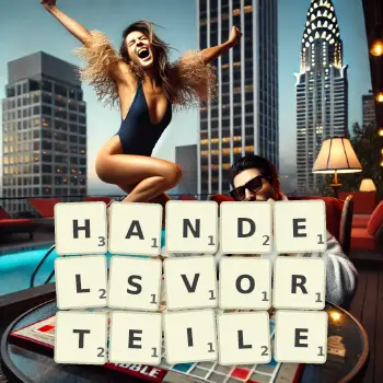 Kreative Illustration für ein Scrabble-Spiel, bei dem das Wort HANDELSVORTEILE mit Steinen auf dem Brett gelegt wurde.