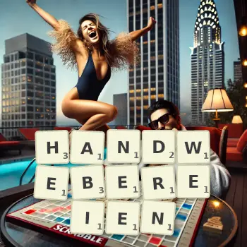 Kreative Illustration für ein Scrabble-Spiel, bei dem das Wort HANDWEBEREIEN mit Steinen auf dem Brett gelegt wurde.
