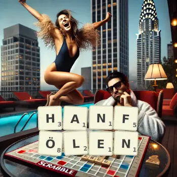 Kreative Illustration für ein Scrabble-Spiel, bei dem das Wort HANFÖLEN mit Steinen auf dem Brett gelegt wurde.