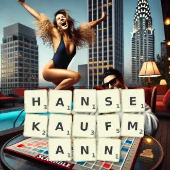 Kreative Illustration für ein Scrabble-Spiel, bei dem das Wort HANSEKAUFMANN mit Steinen auf dem Brett gelegt wurde.