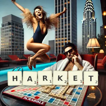 Kreative Illustration für ein Scrabble-Spiel, bei dem das Wort HARKET mit Steinen auf dem Brett gelegt wurde.